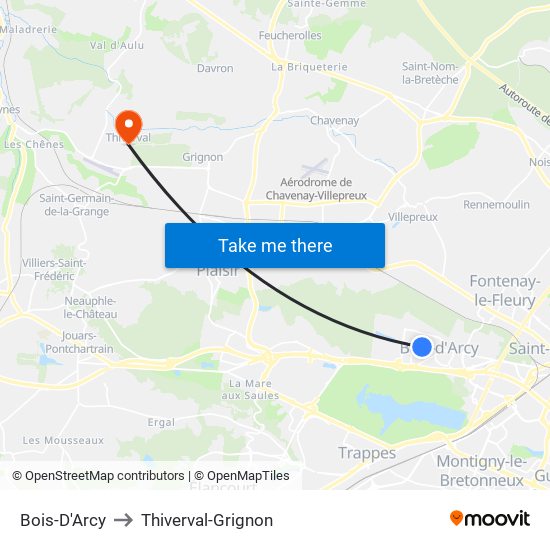 Bois-D'Arcy to Thiverval-Grignon map