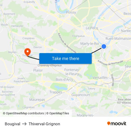 Bougival to Thiverval-Grignon map