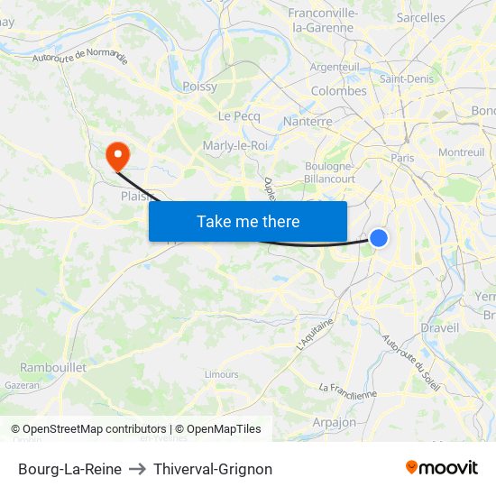 Bourg-La-Reine to Thiverval-Grignon map