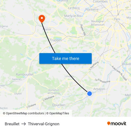 Breuillet to Thiverval-Grignon map