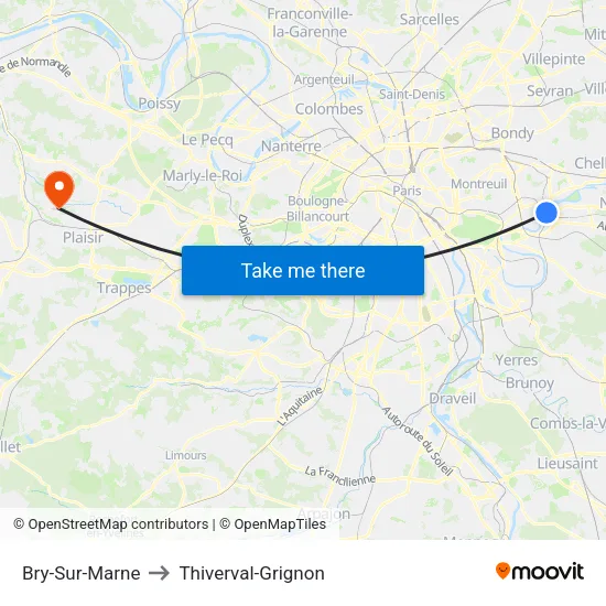 Bry-Sur-Marne to Thiverval-Grignon map