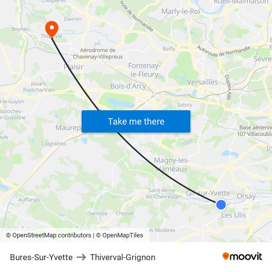 Bures-Sur-Yvette to Thiverval-Grignon map