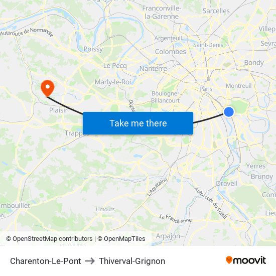 Charenton-Le-Pont to Thiverval-Grignon map