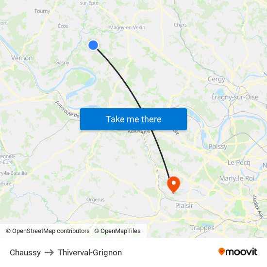 Chaussy to Thiverval-Grignon map