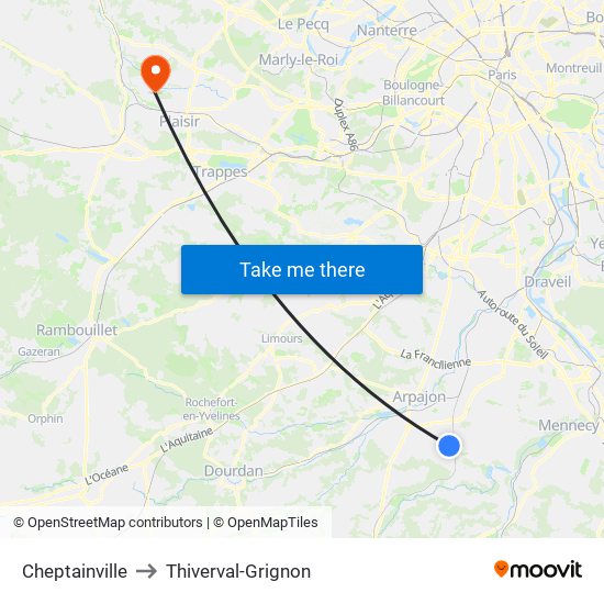 Cheptainville to Thiverval-Grignon map