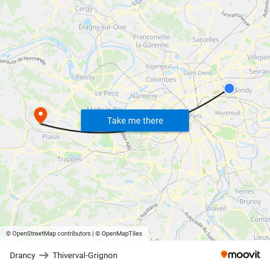Drancy to Thiverval-Grignon map