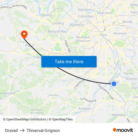 Draveil to Thiverval-Grignon map