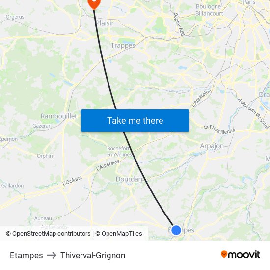 Etampes to Thiverval-Grignon map