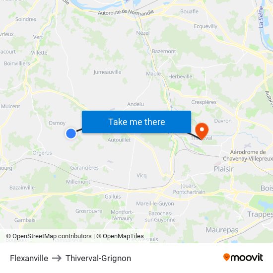Flexanville to Thiverval-Grignon map