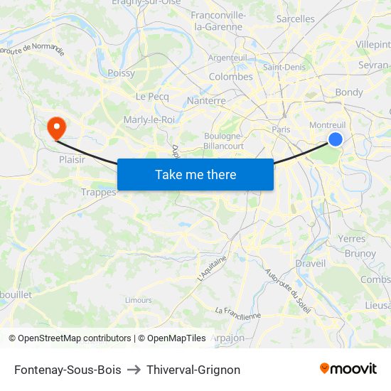 Fontenay-Sous-Bois to Thiverval-Grignon map