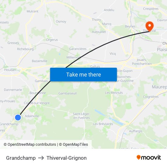 Grandchamp to Thiverval-Grignon map