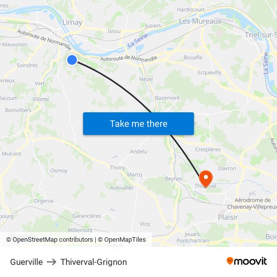 Guerville to Thiverval-Grignon map