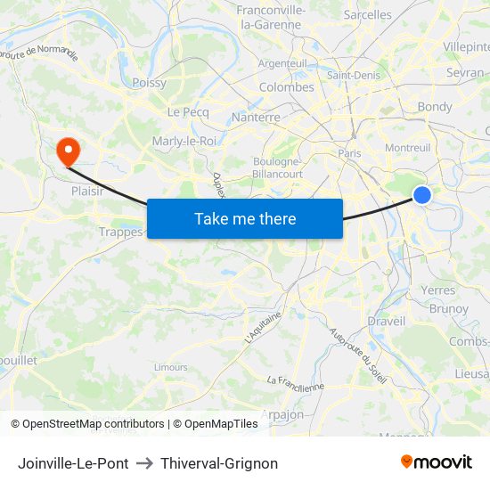 Joinville-Le-Pont to Thiverval-Grignon map