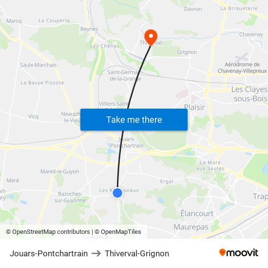 Jouars-Pontchartrain to Thiverval-Grignon map