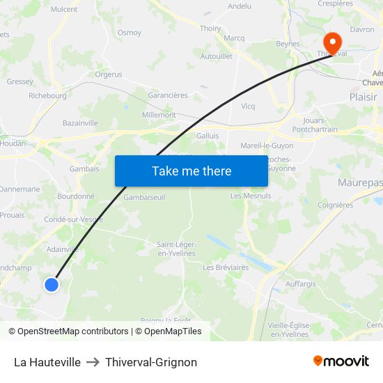La Hauteville to Thiverval-Grignon map