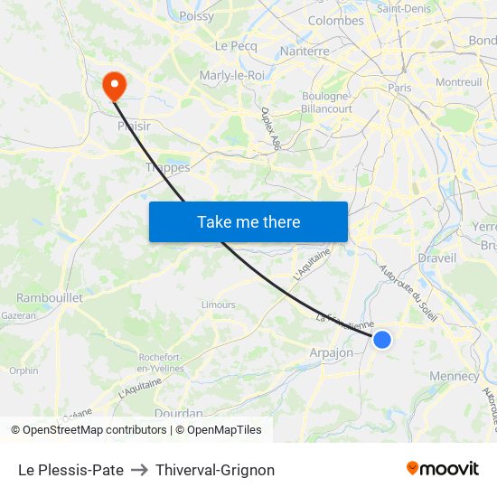 Le Plessis-Pate to Thiverval-Grignon map