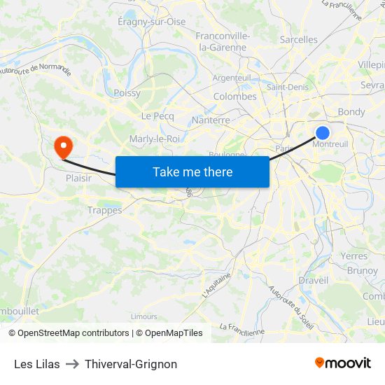 Les Lilas to Thiverval-Grignon map