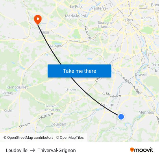 Leudeville to Thiverval-Grignon map