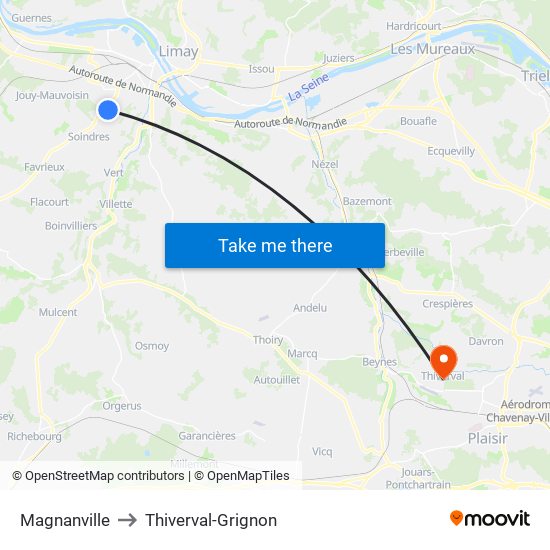 Magnanville to Thiverval-Grignon map