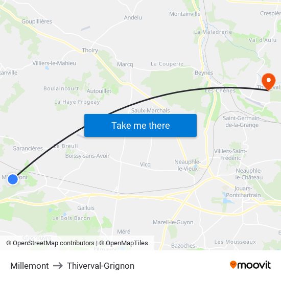 Millemont to Thiverval-Grignon map