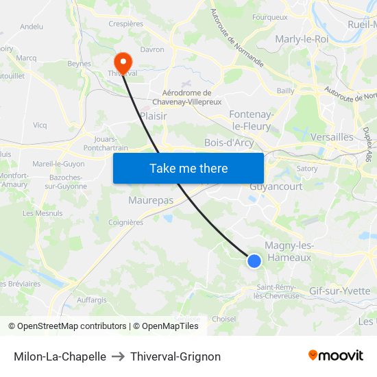 Milon-La-Chapelle to Thiverval-Grignon map