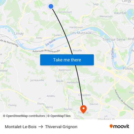 Montalet-Le-Bois to Thiverval-Grignon map