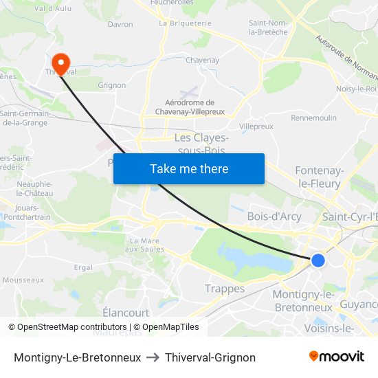 Montigny-Le-Bretonneux to Thiverval-Grignon map