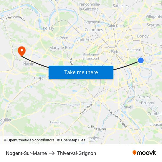 Nogent-Sur-Marne to Thiverval-Grignon map