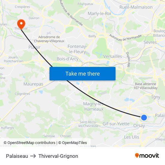 Palaiseau to Thiverval-Grignon map