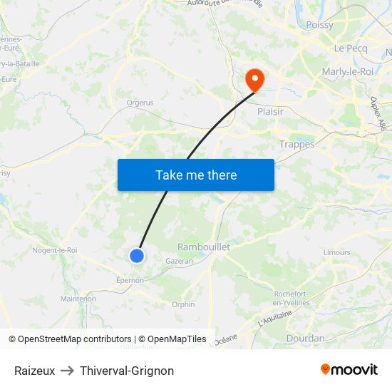 Raizeux to Thiverval-Grignon map