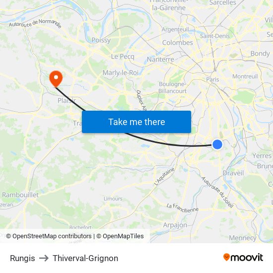 Rungis to Thiverval-Grignon map