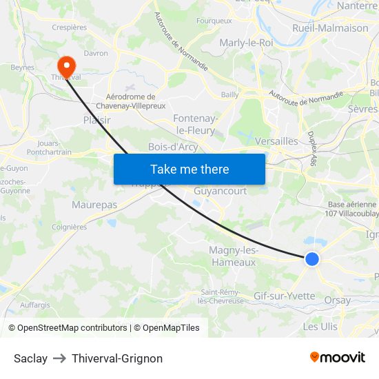 Saclay to Thiverval-Grignon map