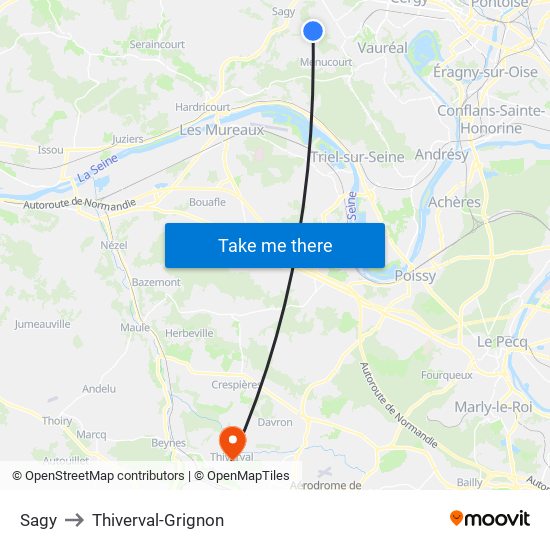 Sagy to Thiverval-Grignon map