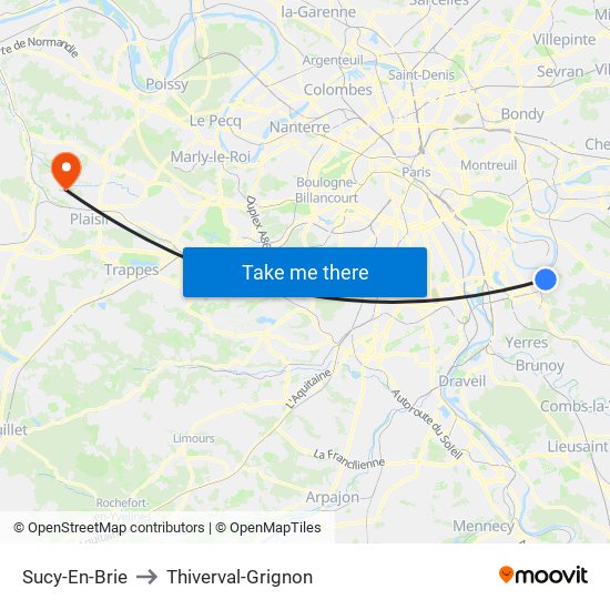 Sucy-En-Brie to Thiverval-Grignon map