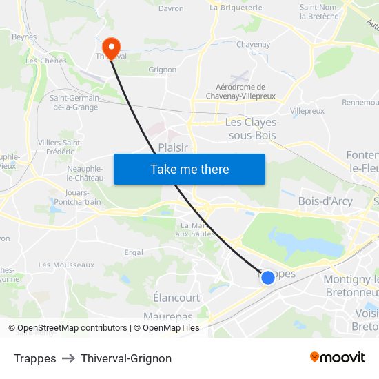 Trappes to Thiverval-Grignon map
