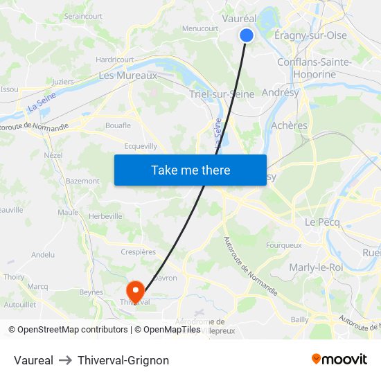 Vaureal to Thiverval-Grignon map