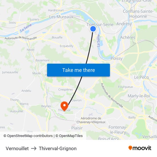 Vernouillet to Thiverval-Grignon map