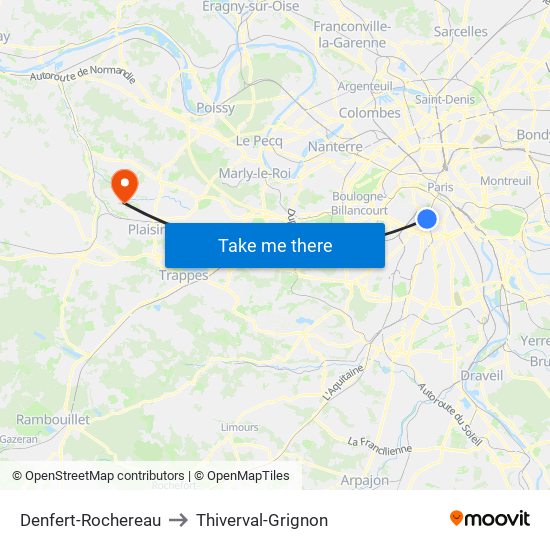 Denfert-Rochereau to Thiverval-Grignon map