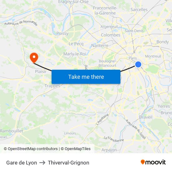 Gare de Lyon to Thiverval-Grignon map