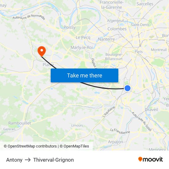 Antony to Thiverval-Grignon map