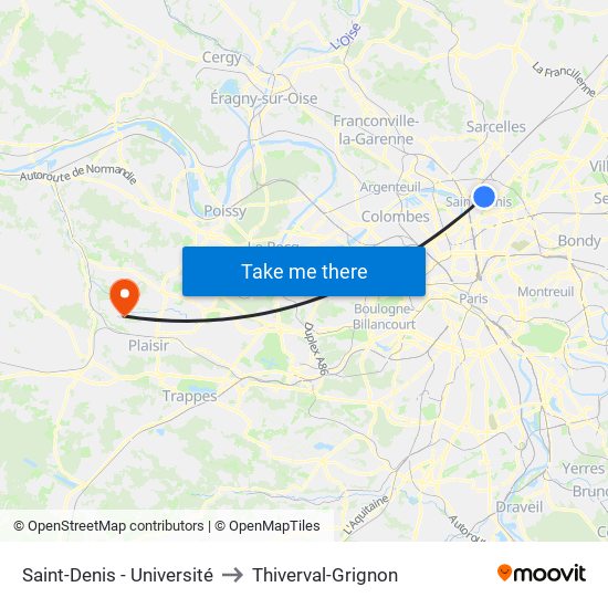 Saint-Denis - Université to Thiverval-Grignon map
