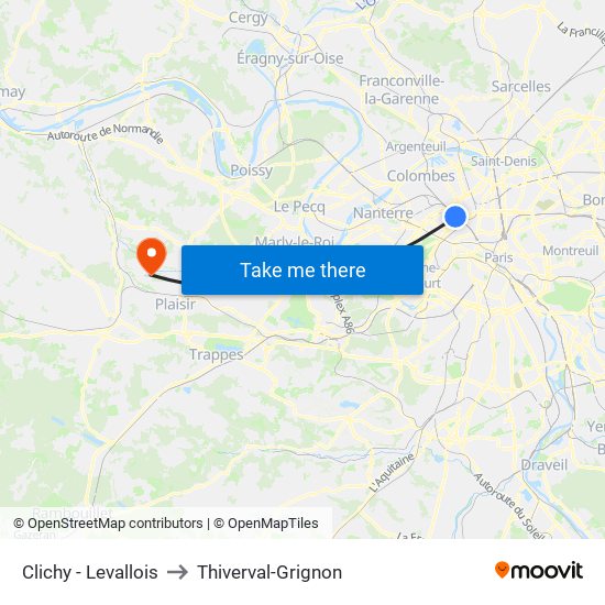 Clichy - Levallois to Thiverval-Grignon map