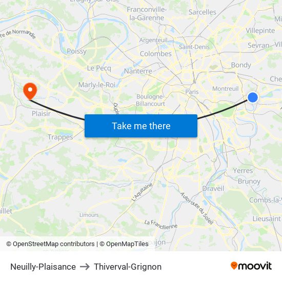 Neuilly-Plaisance to Thiverval-Grignon map
