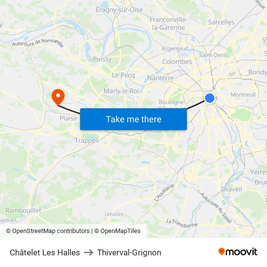 Châtelet Les Halles to Thiverval-Grignon map