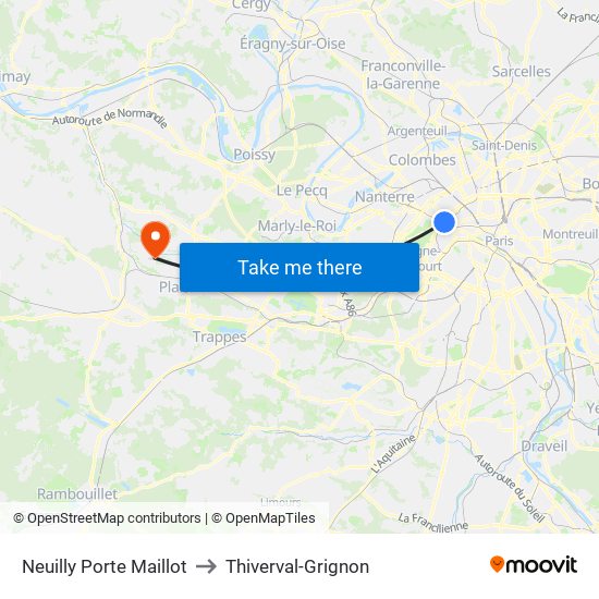 Neuilly Porte Maillot to Thiverval-Grignon map
