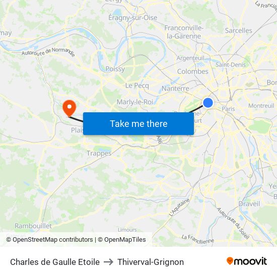 Charles de Gaulle Etoile to Thiverval-Grignon map