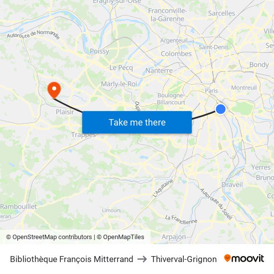 Bibliothèque François Mitterrand to Thiverval-Grignon map