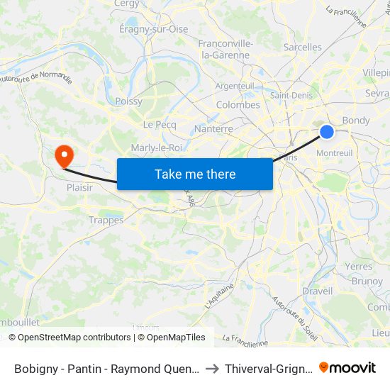 Bobigny - Pantin - Raymond Queneau to Thiverval-Grignon map
