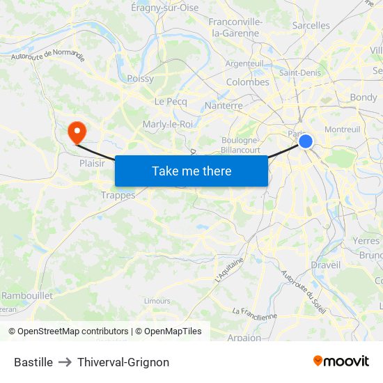 Bastille to Thiverval-Grignon map