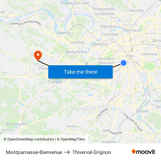Montparnasse-Bienvenue to Thiverval-Grignon map